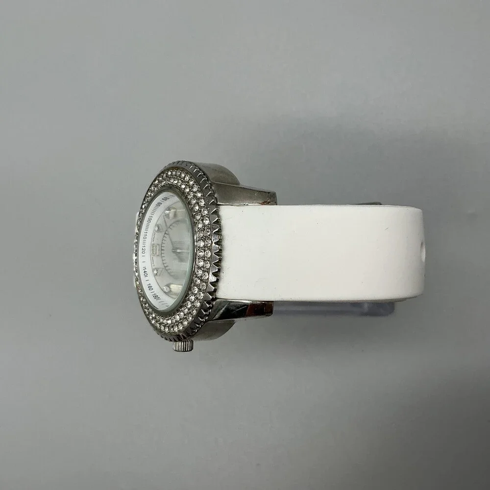 BORA Womens Watch 39mm Silver Tone White Silicone Crystals New Battery